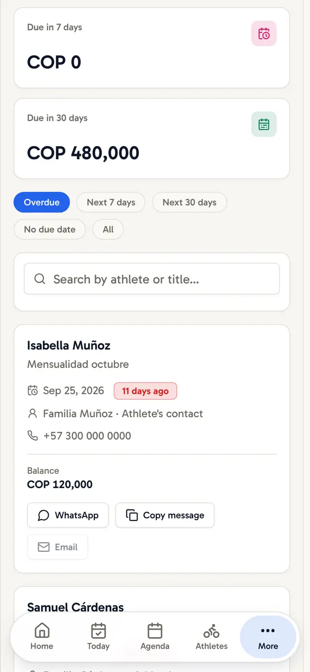 List of who owes, with the button to send a WhatsApp reminder