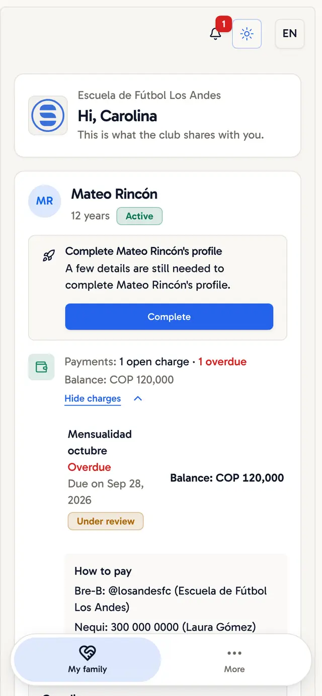 Family view with a pending charge, the I paid button and the club's payment methods
