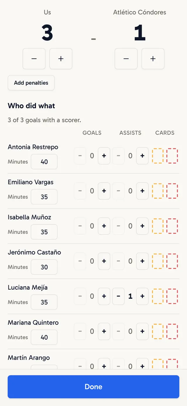 A match with the squad, each player's minutes and the score