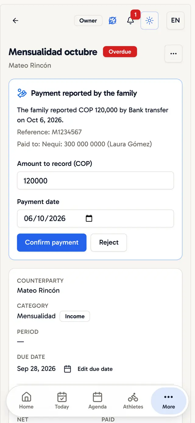 The club reviews the payment the family reported and confirms it