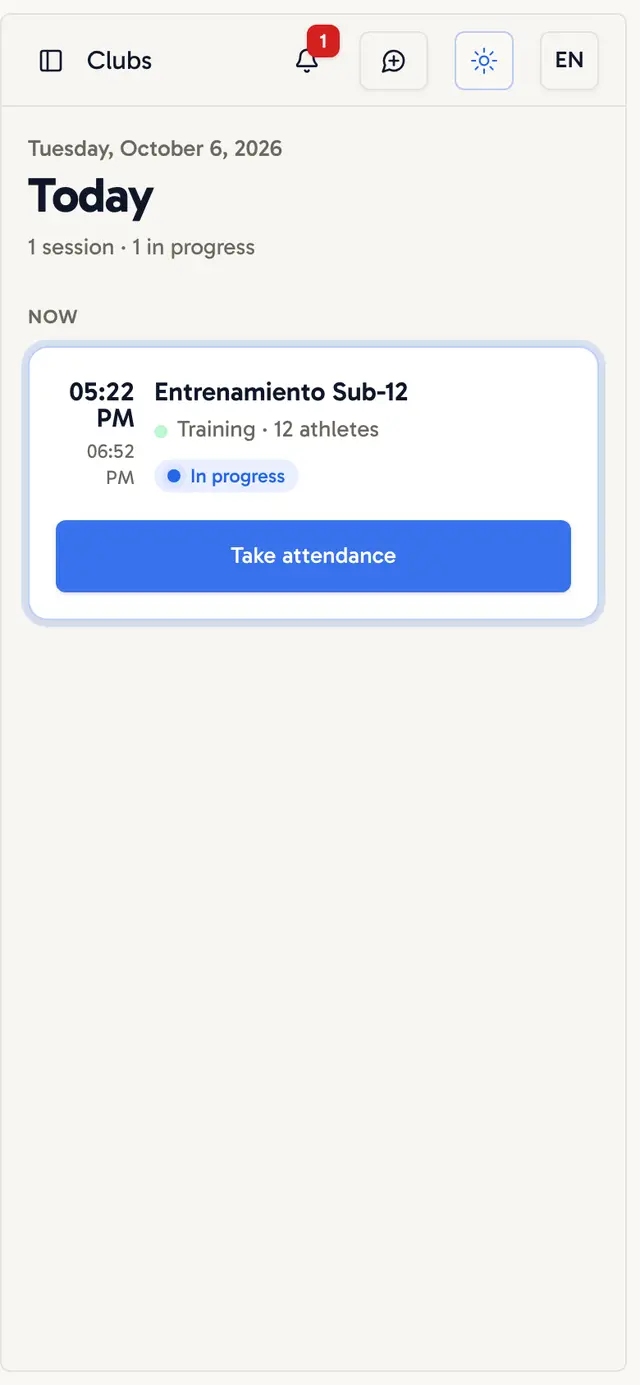 Today screen with the day's sessions