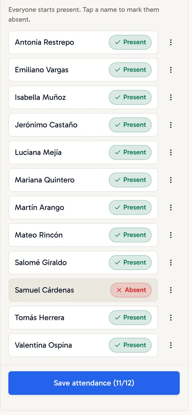 Attendance list with everyone present and one absent