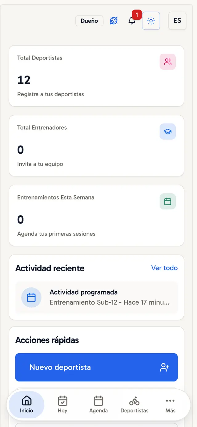 Inicio del club en el celular con la barra inferior
