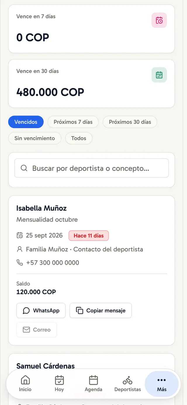 Lista de quién debe, con el botón para enviar el recordatorio por WhatsApp
