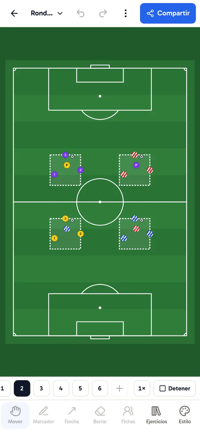 Rondo animado con los jugadores y el balón en movimiento