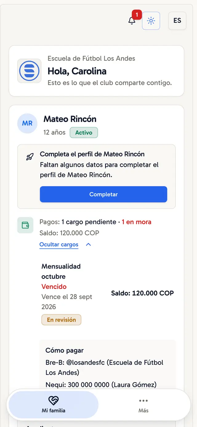 Vista de la familia con el cargo pendiente, el botón Ya pagué y los medios de pago Bre-B y Nequi