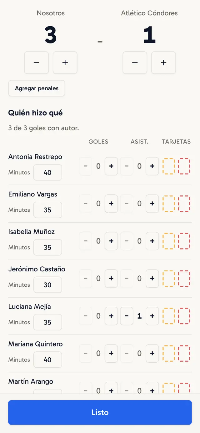 Partido con los convocados, los minutos de cada uno y el marcador