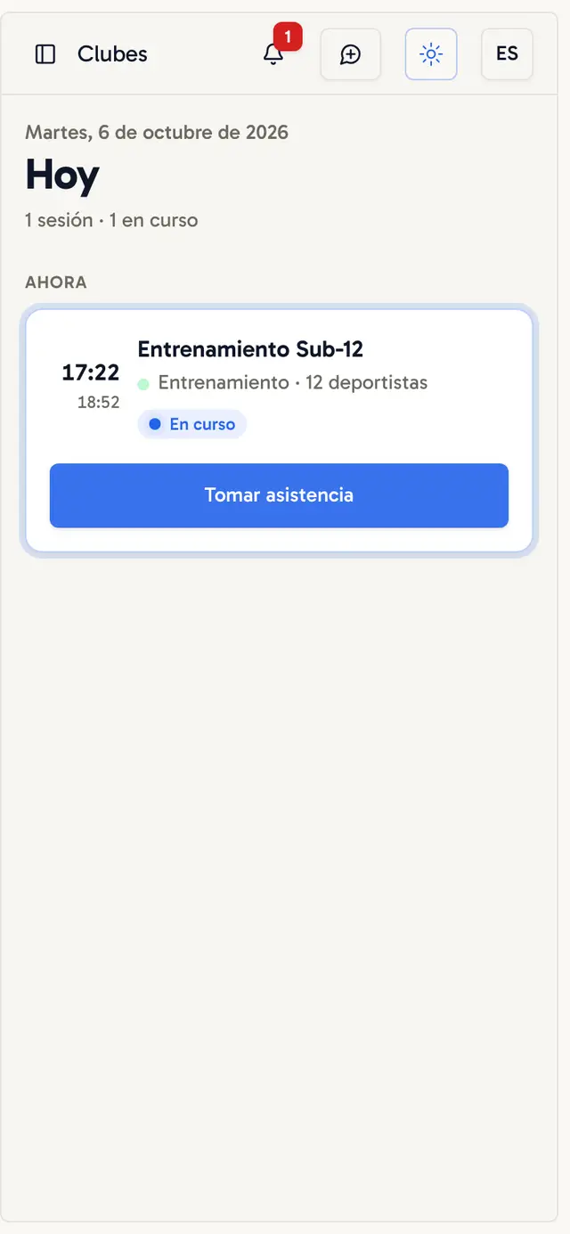 Pantalla Hoy con los entrenamientos del día