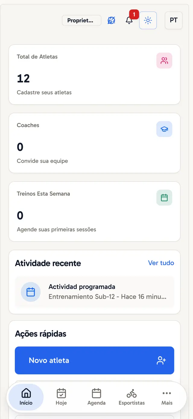 Início do clube no celular com a barra inferior