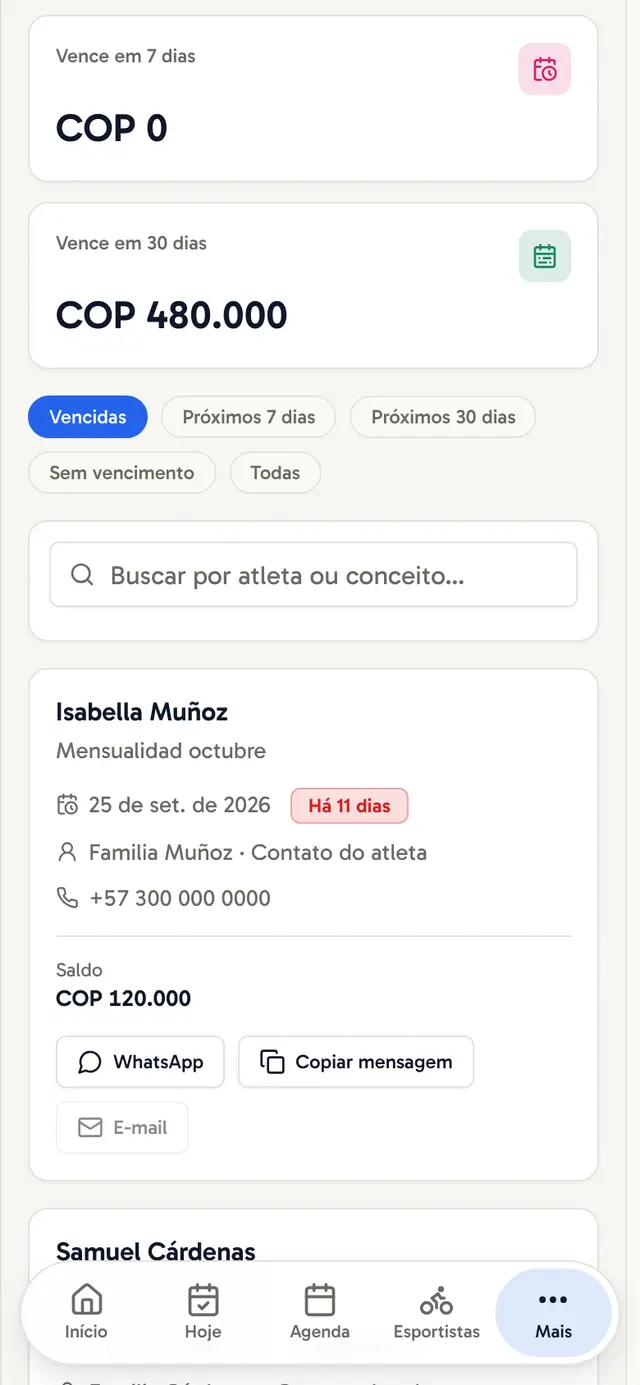 Lista de quem deve, com o botão para enviar o lembrete pelo WhatsApp