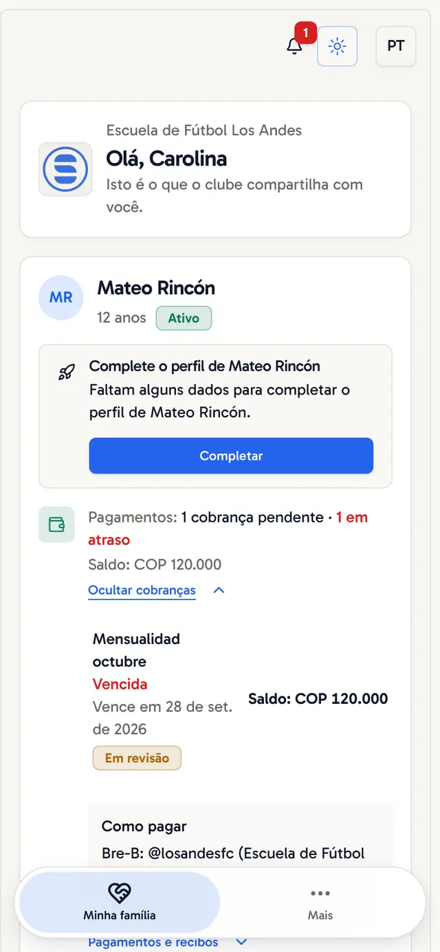Visão da família com a cobrança pendente, o botão Já paguei e os meios de pagamento do clube