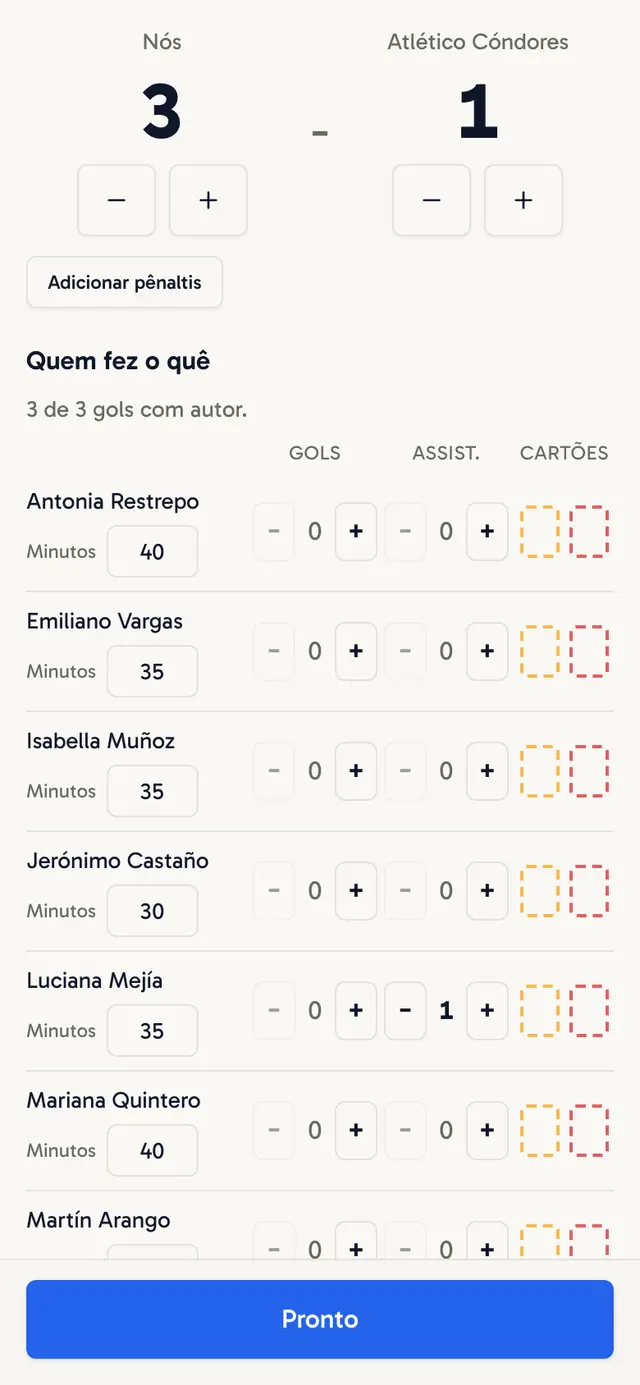 Jogo com os convocados, os minutos de cada um e o placar
