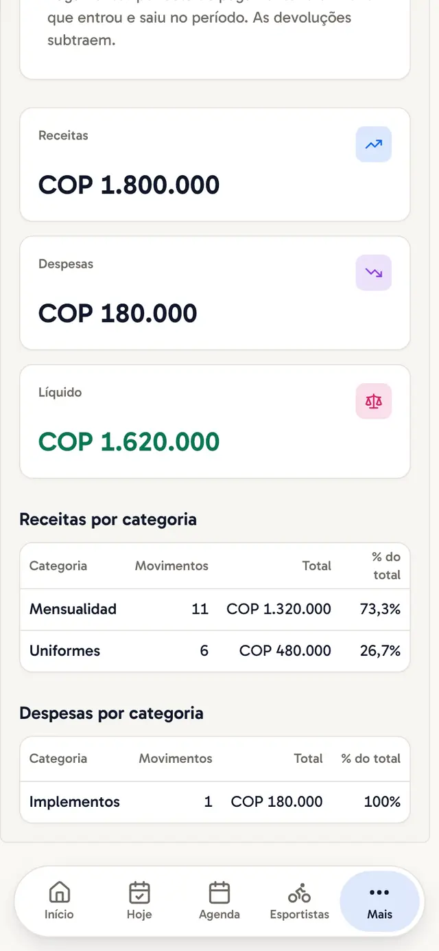 Relatório do mês no celular: receitas, despesas e um líquido positivo