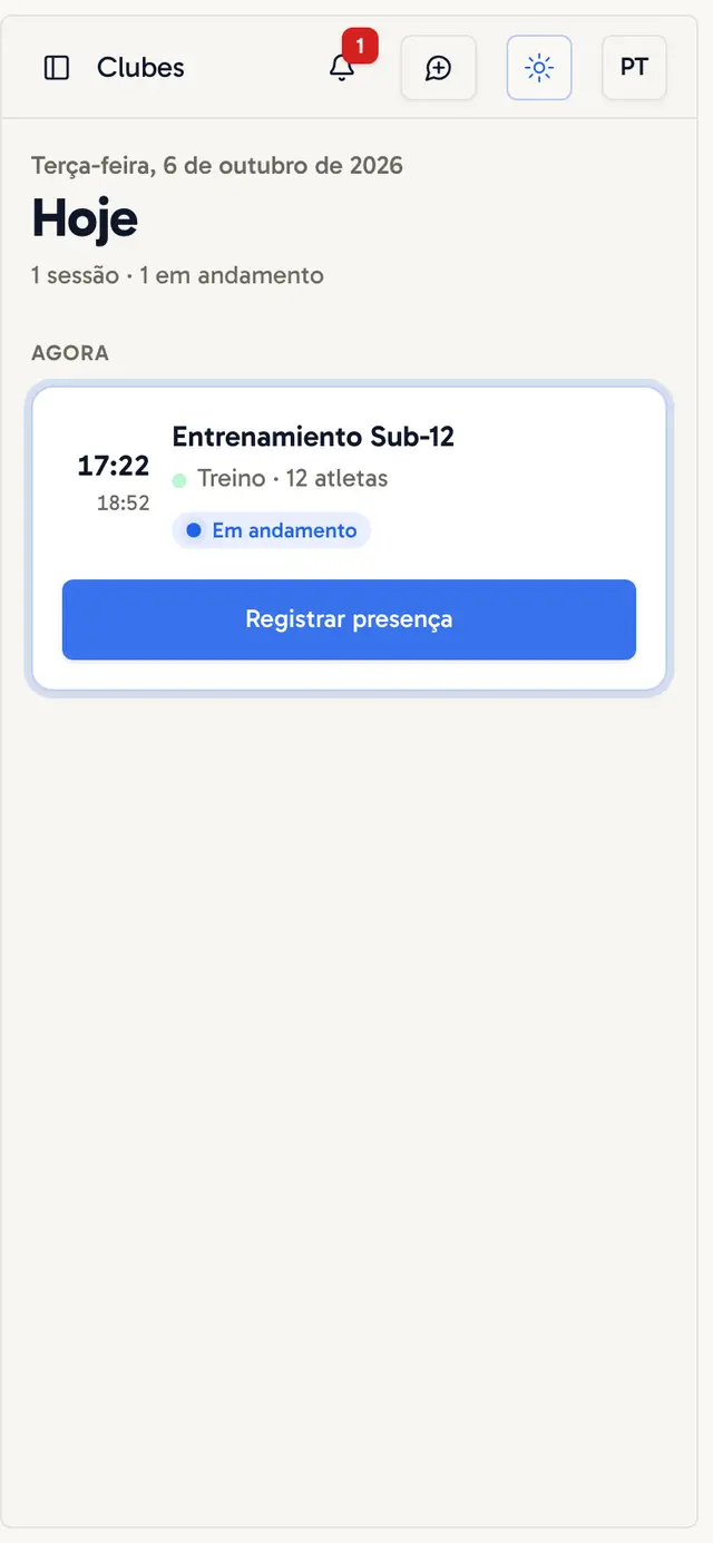 Tela Hoje com os treinos do dia