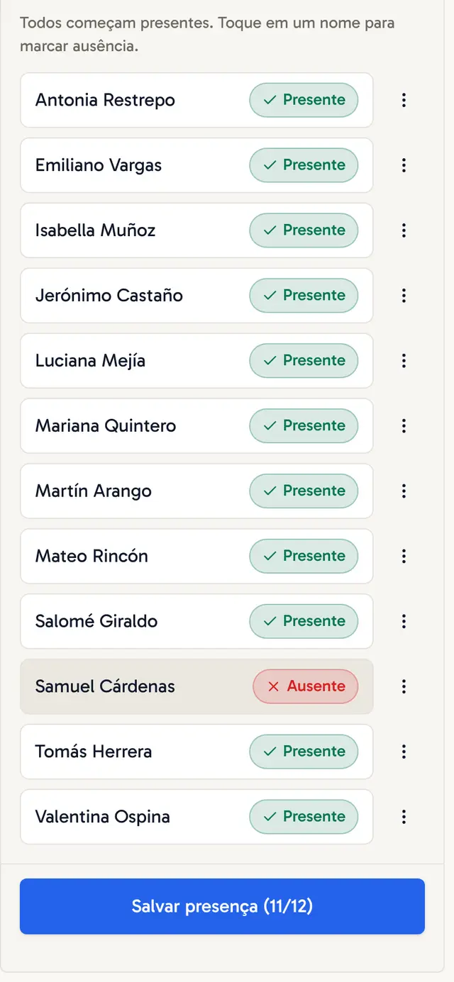 Lista de chamada com todos presentes e um ausente