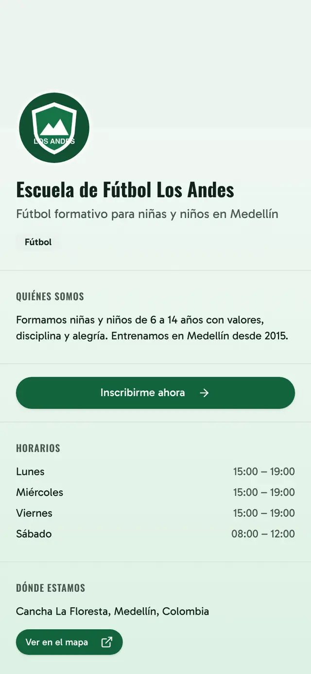 Página pública de un club con el botón de inscripción